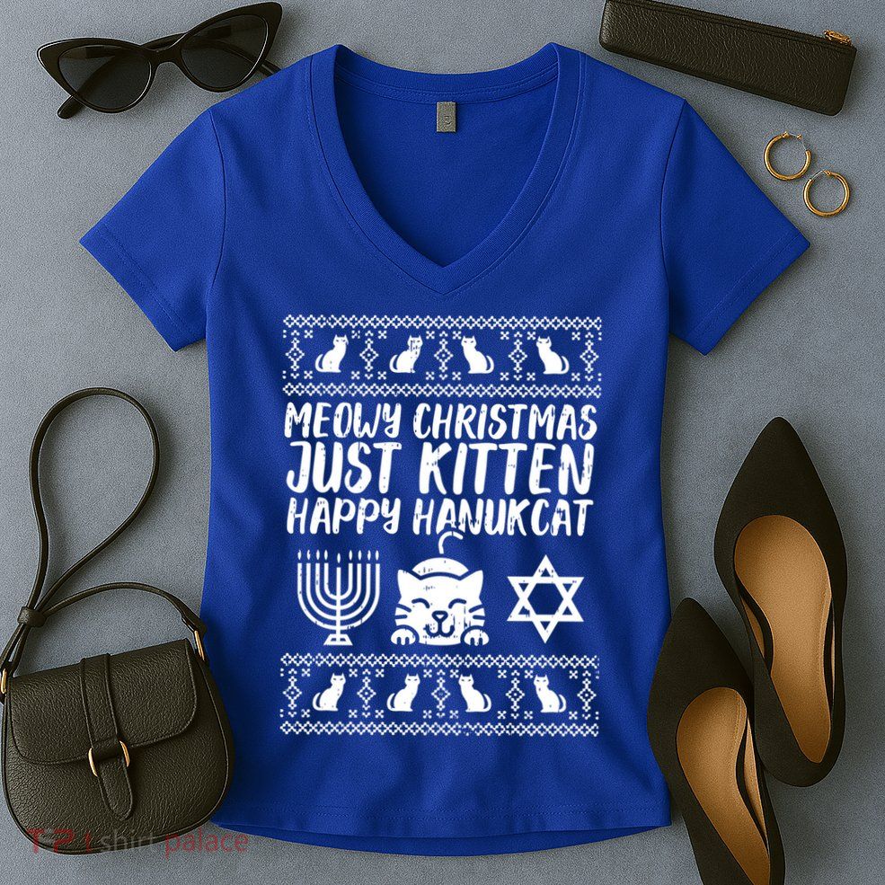 Meowy Catmas Happy Hanukcat Cute Christmas Hanukkah Cat Gift Cute Gift Women's V-Neck T-Shirt