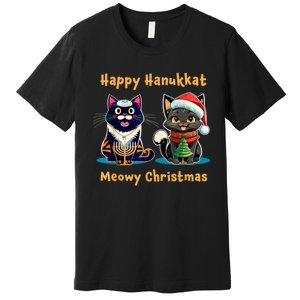 Merry Christmas Happy Hanukkah Jewish Christian Cat Lovers Premium T-Shirt