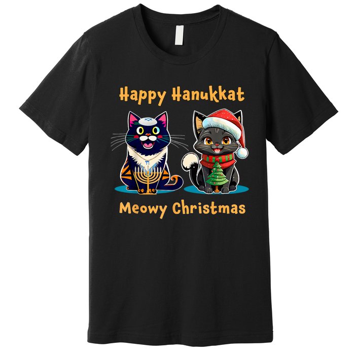 Merry Christmas Happy Hanukkah Jewish Christian Cat Lovers Premium T-Shirt