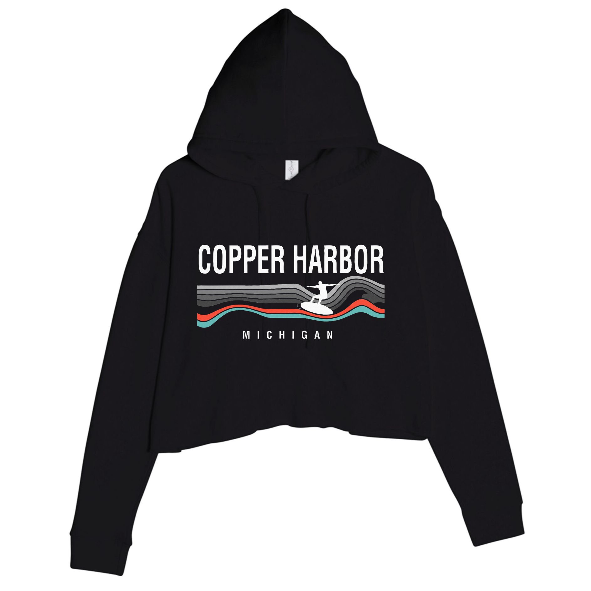Michigan Copper Harbor Surfboard Retro Crop Fleece Hoodie