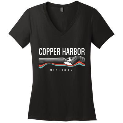 Michigan Copper Harbor Surfboard Retro Women's V-Neck T-Shirt