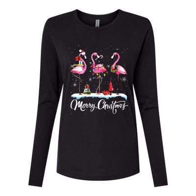 Merry Christmas Hat Santa Flamingo Light Snow Xmas Pajamas Womens Cotton Relaxed Long Sleeve T-Shirt