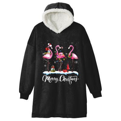 Merry Christmas Hat Santa Flamingo Light Snow Xmas Pajamas Hooded Wearable Blanket