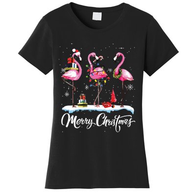 Merry Christmas Hat Santa Flamingo Light Snow Xmas Pajamas Women's T-Shirt