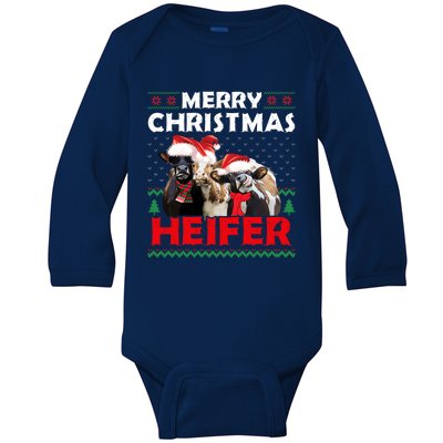 Merry Christmas Heifers Funny Cows Snowing Ugly Xmas Sweater Gift Baby Long Sleeve Bodysuit