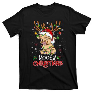 Mooey Christmas Highland Cow Xmas Light Santa Hat T-Shirt