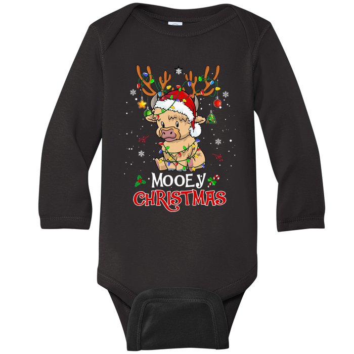 Mooey Christmas Highland Cow Xmas Light Santa Hat Baby Long Sleeve Bodysuit