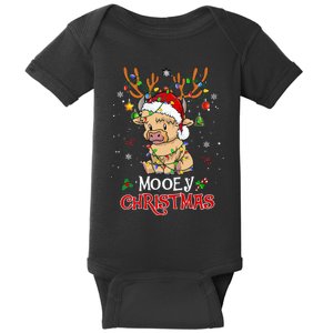 Mooey Christmas Highland Cow Xmas Light Santa Hat Baby Bodysuit