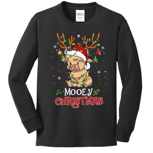 Mooey Christmas Highland Cow Xmas Light Santa Hat Kids Long Sleeve Shirt