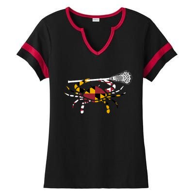 Maryland Crab Holding Lacrosse Stick Boys Girls Lax Funny Gift Ladies Halftime Notch Neck Tee