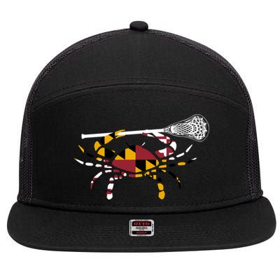 Maryland Crab Holding Lacrosse Stick Boys Girls Lax Funny Gift 7 Panel Mesh Trucker Snapback Hat