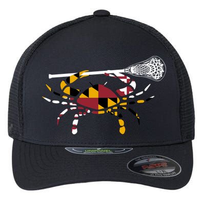 Maryland Crab Holding Lacrosse Stick Boys Girls Lax Funny Gift Flexfit Unipanel Trucker Cap