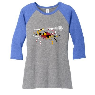 Maryland Crab Holding Lacrosse Stick Boys Girls Lax Funny Gift Women's Tri-Blend 3/4-Sleeve Raglan Shirt