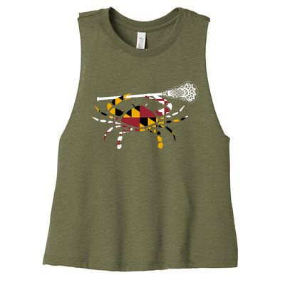 Maryland Crab Holding Lacrosse Stick Boys Girls Lax Funny Gift Women's Racerback Cropped Tank