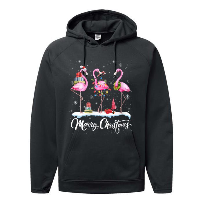 Merry Christmas Hat Santa Flamingo Light Christmas Snow Performance Fleece Hoodie