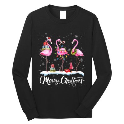 Merry Christmas Hat Santa Flamingo Light Christmas Snow Long Sleeve Shirt