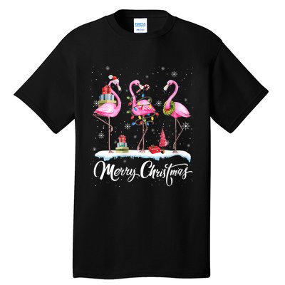 Merry Christmas Hat Santa Flamingo Light Christmas Snow Tall T-Shirt