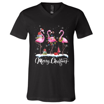 Merry Christmas Hat Santa Flamingo Light Christmas Snow V-Neck T-Shirt