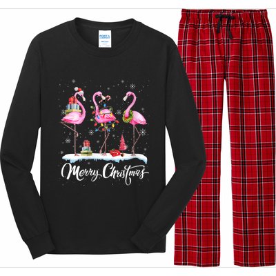 Merry Christmas Hat Santa Flamingo Light Christmas Snow Long Sleeve Pajama Set