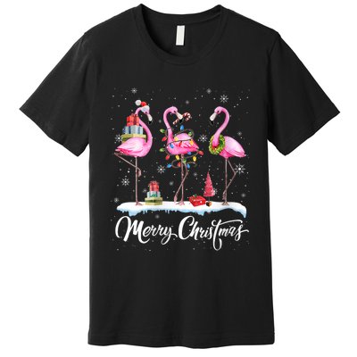 Merry Christmas Hat Santa Flamingo Light Christmas Snow Premium T-Shirt