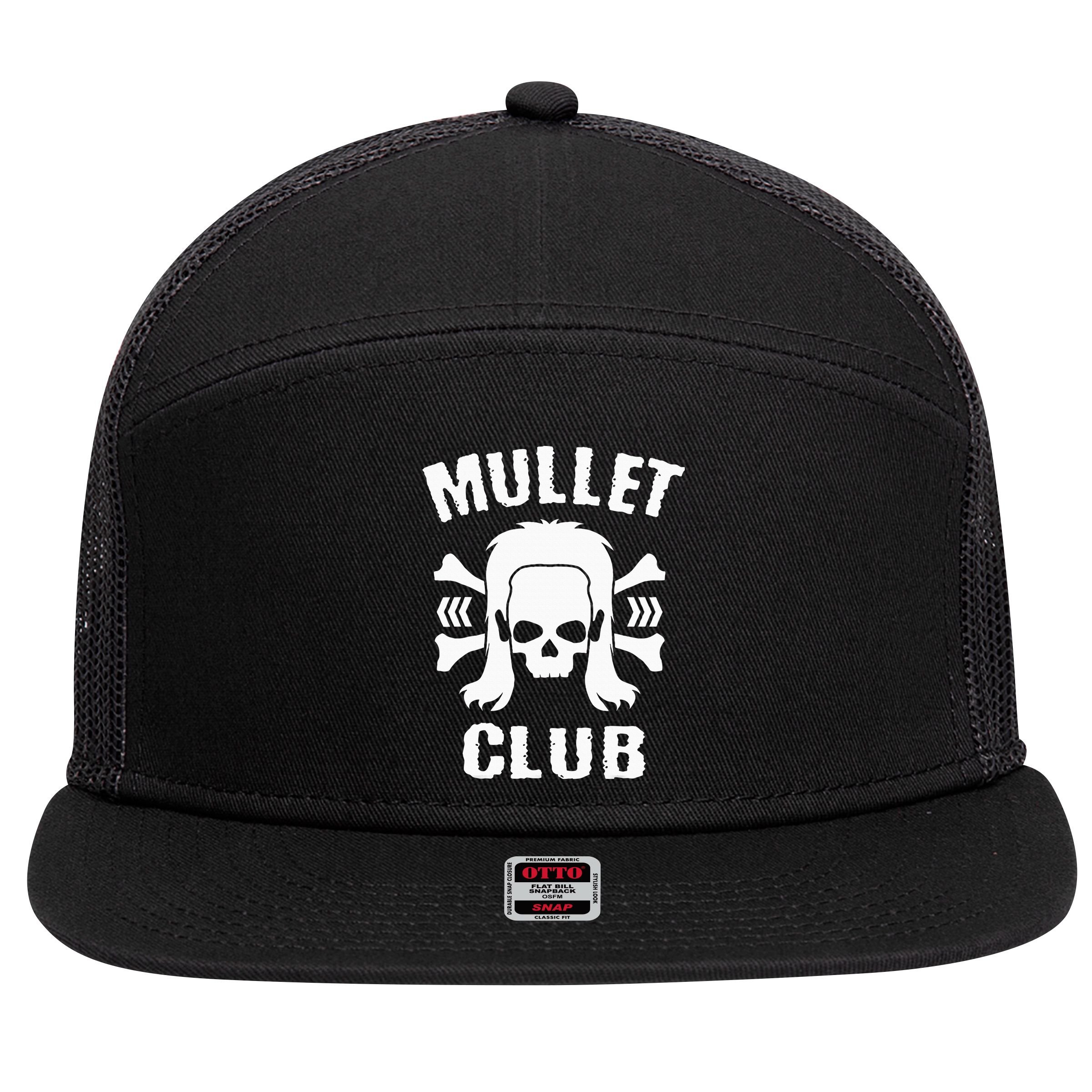 Mullet Club Hairstyle Bones Skull 7 Panel Mesh Trucker Snapback Hat