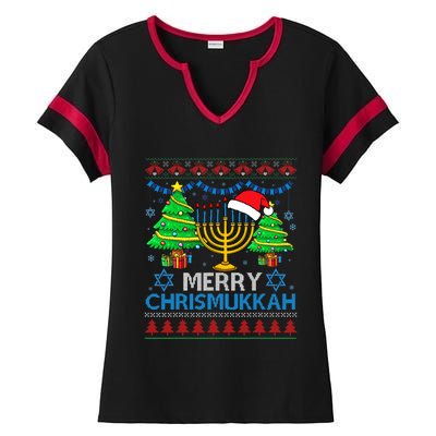 Merry Chrismukkah Happy Hanukkah Christmas Santa Hat Ladies Halftime Notch Neck Tee