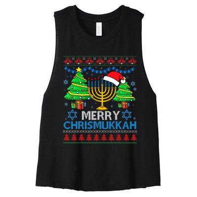 Merry Chrismukkah Happy Hanukkah Christmas Santa Hat Women's Racerback Cropped Tank