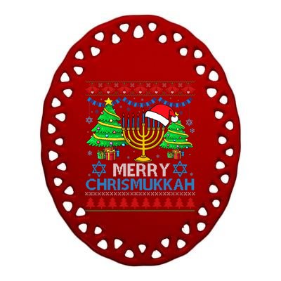 Merry Chrismukkah Happy Hanukkah Christmas Santa Hat Ceramic Oval Ornament