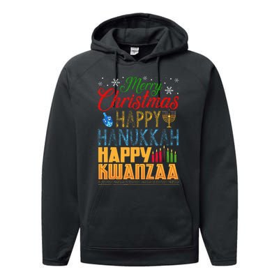 Merry Christmas Happy Hanukkah Happy Kwanzaa Performance Fleece Hoodie