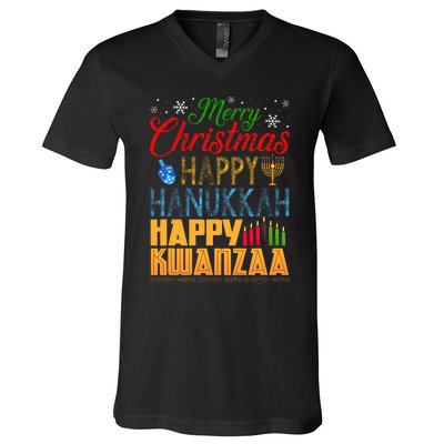 Merry Christmas Happy Hanukkah Happy Kwanzaa V-Neck T-Shirt