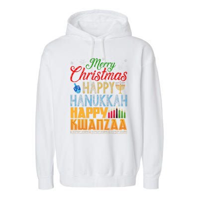 Merry Christmas Happy Hanukkah Happy Kwanzaa Garment-Dyed Fleece Hoodie