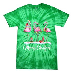 Merry Christmas Hat Santa Flamingo Light Christmas Snow Tie-Dye T-Shirt