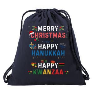 Merry Christmas Happy Hanukkah Happy Kwanzaa Drawstring Bag