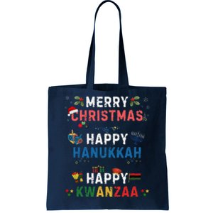 Merry Christmas Happy Hanukkah Happy Kwanzaa Tote Bag