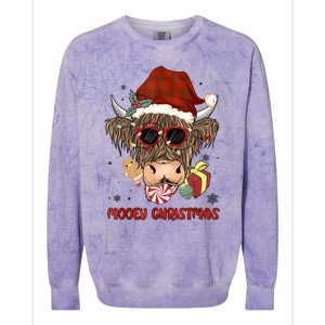 Mooey Christmas Hairy Highland Cow Xmas Light Santa Hat Cool Gift Colorblast Crewneck Sweatshirt