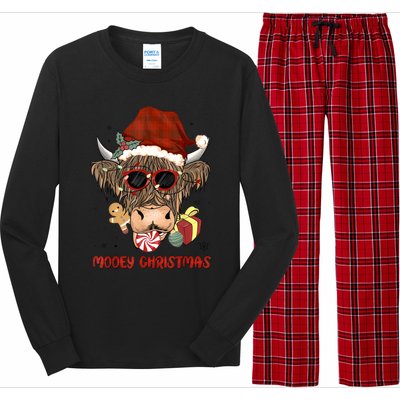 Mooey Christmas Hairy Highland Cow Xmas Light Santa Hat Cool Gift Long Sleeve Pajama Set