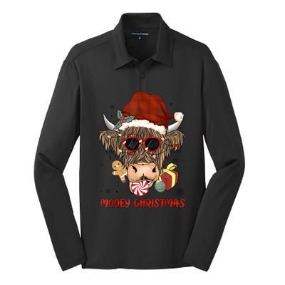 Mooey Christmas Hairy Highland Cow Xmas Light Santa Hat Cool Gift Silk Touch Performance Long Sleeve Polo