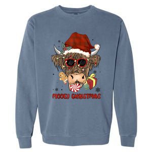 Mooey Christmas Hairy Highland Cow Xmas Light Santa Hat Cool Gift Garment-Dyed Sweatshirt