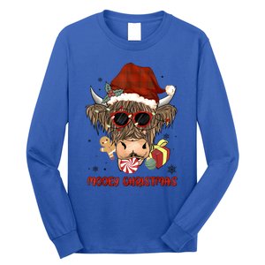 Mooey Christmas Hairy Highland Cow Xmas Light Santa Hat Cool Gift Long Sleeve Shirt