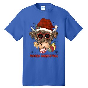 Mooey Christmas Hairy Highland Cow Xmas Light Santa Hat Cool Gift Tall T-Shirt