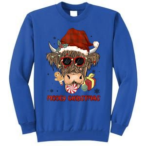 Mooey Christmas Hairy Highland Cow Xmas Light Santa Hat Cool Gift Tall Sweatshirt