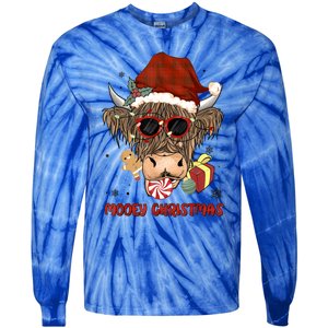 Mooey Christmas Hairy Highland Cow Xmas Light Santa Hat Cool Gift Tie-Dye Long Sleeve Shirt