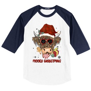 Mooey Christmas Hairy Highland Cow Xmas Light Santa Hat Cool Gift Baseball Sleeve Shirt