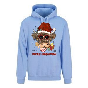 Mooey Christmas Hairy Highland Cow Xmas Light Santa Hat Cool Gift Unisex Surf Hoodie