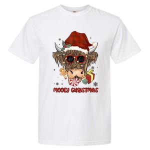 Mooey Christmas Hairy Highland Cow Xmas Light Santa Hat Cool Gift Garment-Dyed Heavyweight T-Shirt