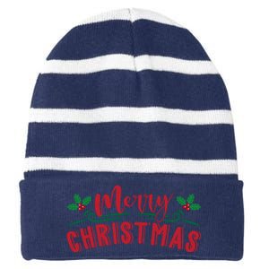 Merry Christmas Holiday Gift Striped Beanie with Solid Band