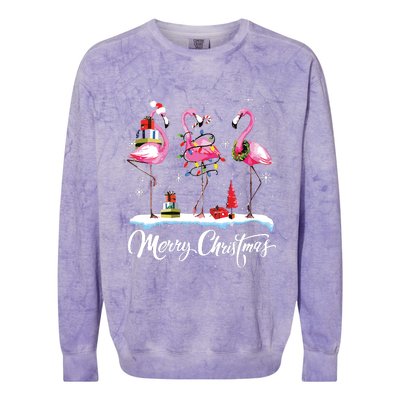 Merry Christmas Hat Santa Flamingo Light Snow Xmas Pajamas Colorblast Crewneck Sweatshirt