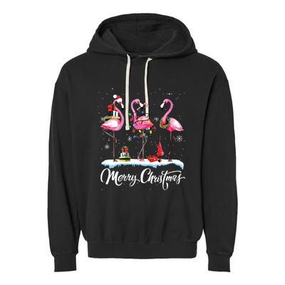 Merry Christmas Hat Santa Flamingo Light Snow Xmas Pajamas Garment-Dyed Fleece Hoodie