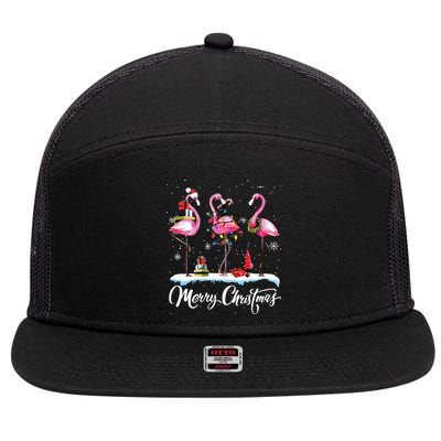 Merry Christmas Hat Santa Flamingo Light Snow Xmas Pajamas 7 Panel Mesh Trucker Snapback Hat