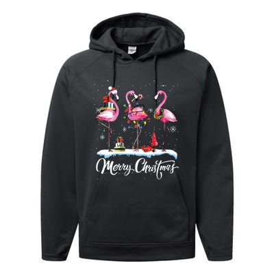 Merry Christmas Hat Santa Flamingo Light Snow Xmas Pajamas Performance Fleece Hoodie